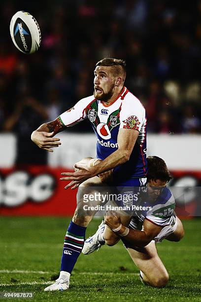Sam Tomkins of the Warriors loses the ball forward during the round 12 NRL match between the New Zealand Warriors and the Newcastle Knights at Mt...