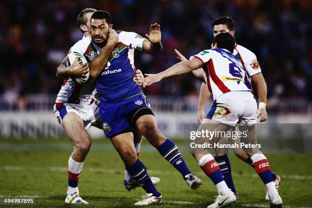 Feleti Mateo of the Warriors charges forward during the round 12 NRL match between the New Zealand Warriors and the Newcastle Knights at Mt Smart...