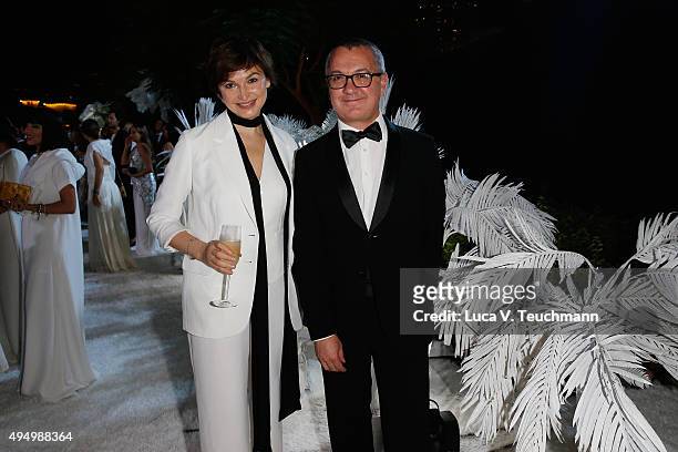 Karina Dobrotvorskaya and Luca Dini attend the Gala event during the Vogue Fashion Dubai Experience 2015 at Armani Hotel Dubai on October 30, 2015 in...