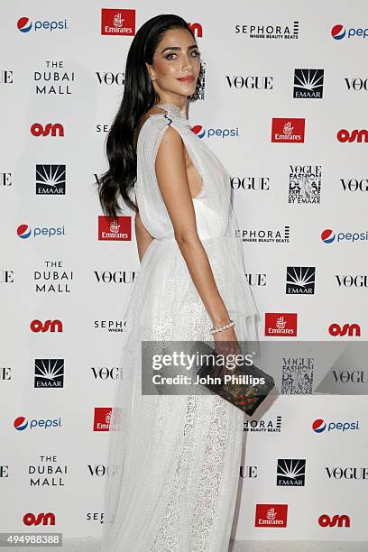 Jessica Kahawaty attends the Gala event during the Vogue Fashion Dubai Experience 2015 at Armani Hotel Dubai on October 30, 2015 in Dubai, United...