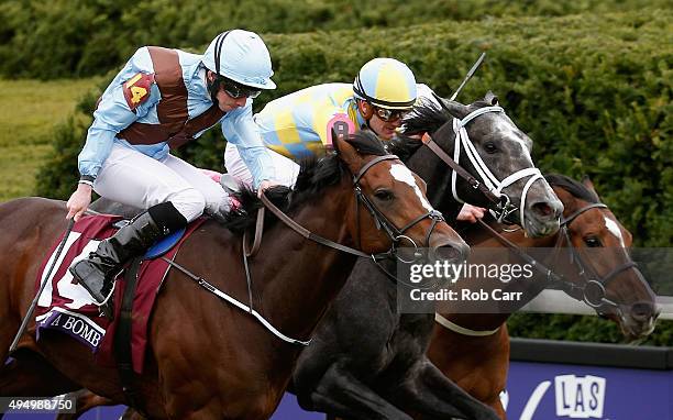 Jockey Ryan Moore rides Hit It A Bomb to edge out Airofrce with Julien Leparoux up and Birchwood and James Doyle aboard to win the Breeder's Cup...