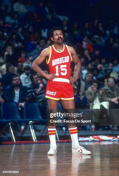 John Lucas of the Houston Rockets looks on against the Washington Bullets during an NBA basketball game circa 1977 at the Capital Centre in Landover,...