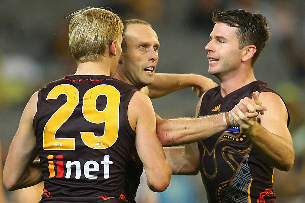 Brad Sewell of the Hawks is congratulated by team mates after kicking a goal during the round 11 AFL match between the Hawthorn Hawks and the Greater...