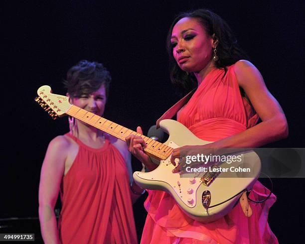 Singers Sara Gazarek and Malina Moye perform onstage during the What A Pair! Benefit Concert to support breast cancer research & education programs...