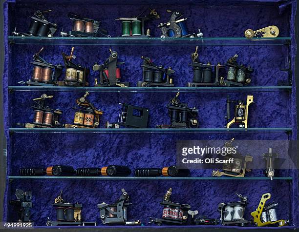 Tattoo machines in Dan Gold's West Hampstead tattoo studio on March 17, 2014 in London, England. Artist and tattooist Dan Gold is one of the world's...