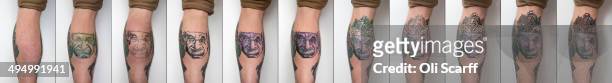 Composite of eleven images showing the various stages of a man having a tattoo featuring an image of Albert Einstein by artist and tattooist Dan Gold...