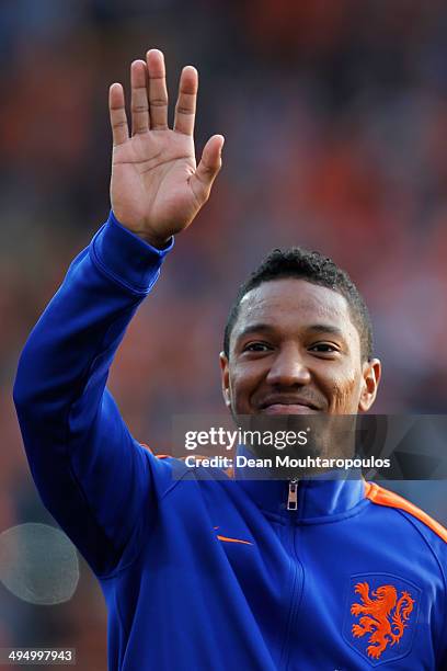 Jonathan De Guzman of Netherlands waves to someone in the stands prior to the International Friendly match between Netherlands and Ghana at De Kuip...