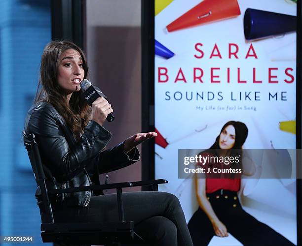 Singer Sara Bareilles speaks during the AOL BUILD Presents: "Sounds Like Me: My Life In Song" at AOL Studios In New York on October 30, 2015 in New...