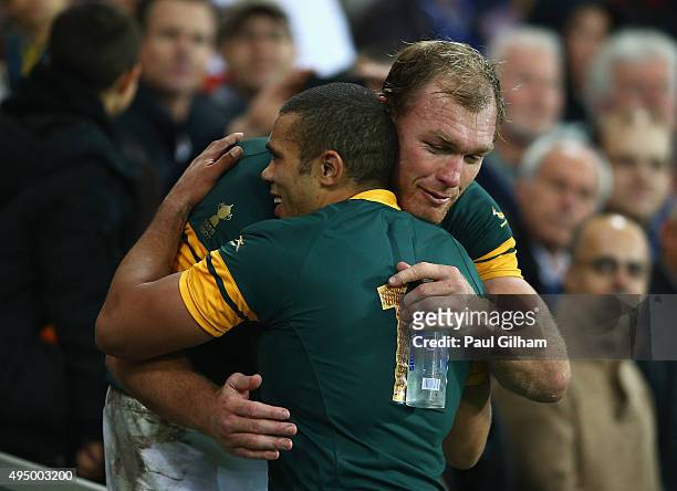 Schalk Burger of South Africa hugs Bryan Habana of South Africa during the 2015 Rugby World Cup Bronze Final match between South Africa and Argentina...