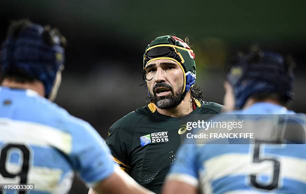 South Africa's lock and captain Victor Matfield reacts during the bronze medal match of the 2015 Rugby World Cup between South Africa and Argentina...