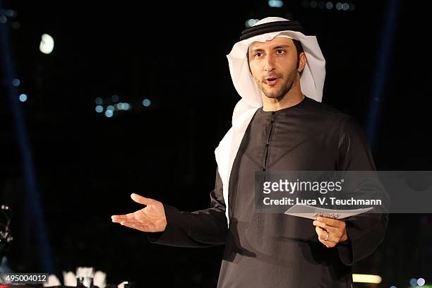 Omar Butti introduces the Gala event during the Vogue Fashion Dubai Experience 2015 at Armani Hotel Dubai on October 30, 2015 in Dubai, United Arab...