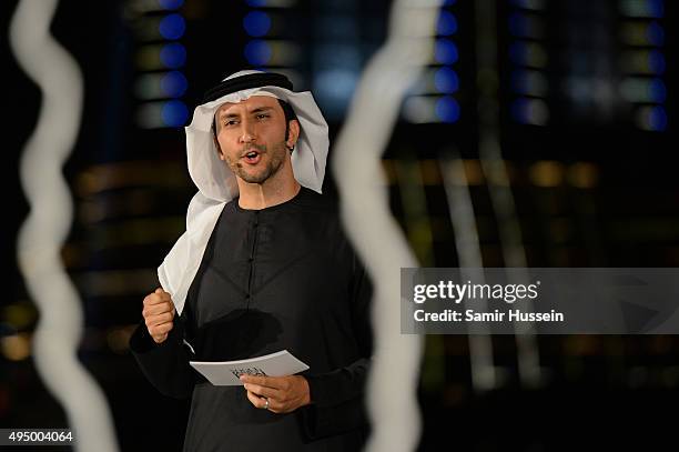 Omar Butti introduces the Gala event during the Vogue Fashion Dubai Experience 2015 at Armani Hotel Dubai on October 30, 2015 in Dubai, United Arab...