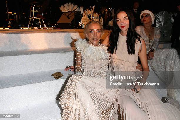 Franca Sozzani and Mariacarla Boscono attend the Gala event during the Vogue Fashion Dubai Experience 2015 at Armani Hotel Dubai on October 30, 2015...