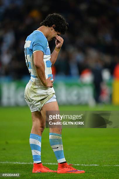 Argentina's centre Matias Moroni cries after losing the bronze medal match of the 2015 Rugby World Cup between South Africa and Argentina at the...