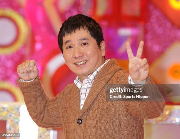 Comedian Yuji Tanaka of Bakusho Mondai speaks during the press conference after recovering from Infectious mononucleosis on November 22, 2012 in...