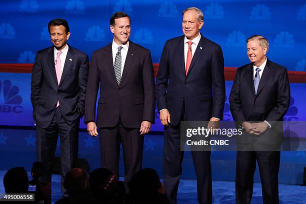 The Republican Presidential Debate: Your Money, Your Vote -- Pictured: Bobby Jindal, Rick Santorum, George Pataki and Lindsey Graham participate in...