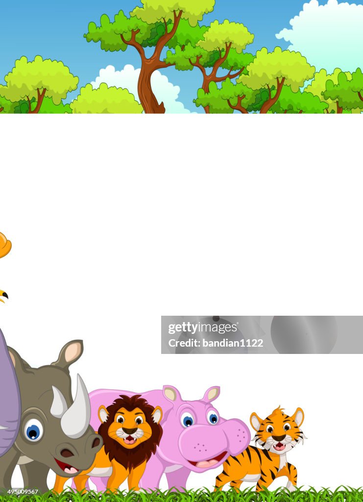Animales De Dibujos Animados Con El Fondo De Bosque Tropical Y Blanco Señal Ilustración de stock - Getty Images Animales De Dibujos Animados Con El Fondo De Bosque Tropical Y Blanco Señal Ilustración de stock - Getty Images