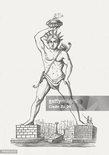 colossus of rhodes, one of the seven wonders, published 1881 - rhodes,_new_south_wales stock illustrations