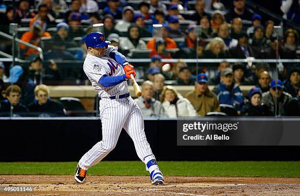 David Wright of the New York Mets hits a two run home run in the first inning against the Kansas City Royals during Game Three of the 2015 World...