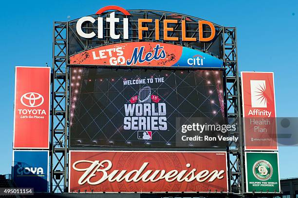 General view of the jumbotron at Citi Field prior to Game 3 of the 2015 World Series between the New York Mets and the Kansas City Royals on Friday,...