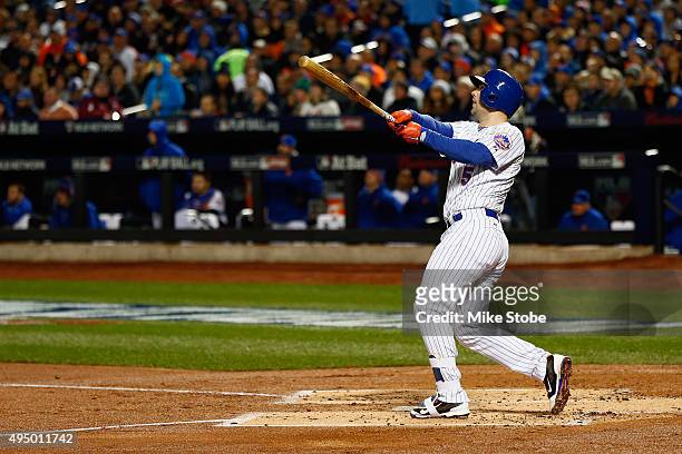 David Wright of the New York Mets hits a two run home run in the first inning against the Kansas City Royals during Game Three of the 2015 World...