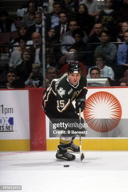 Jamie Lagenbrunner of the Dallas Stars skates with the puck during an NHL game against the New Jersey Devils on March 15, 2000 at the Continental...