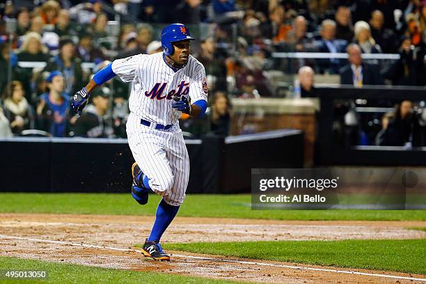 Curtis Granderson of the New York Mets runs up the line after hitting a two run home run in the third inning against the Kansas City Royals during...
