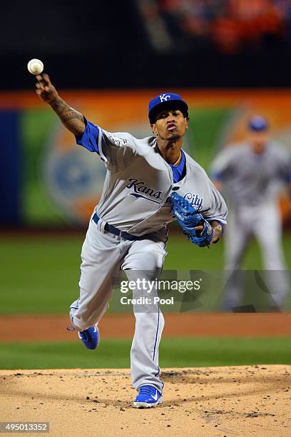 Yordano Ventura of the Kansas City Royals pitches in the first inning against the New York Mets during Game Three of the 2015 World Series at Citi...