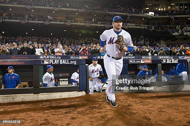 Daniel Murphy of the New York Mets takes the field prior to Game 3 of the 2015 World Series against the Kansas City Royals at Citi Field on Friday,...