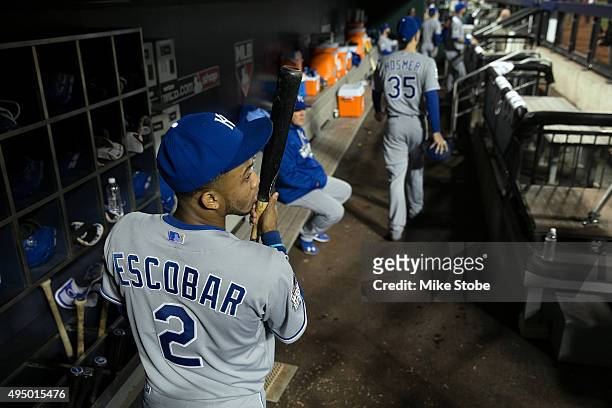 Alcides Escobar of the Kansas City Royals gets ready in hte dugout before game one of the 2015 MLB National League Championship Series against the...