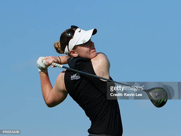 Amy Anderson of United States tee off on 10th hole in round 3 on Day 6 of Blue Bay LPGA 2015 at Jian Lake Blue Bay golf course on October 31, 2015 in...