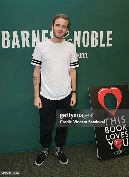 Comedian PewDiePie signs his new book "This Book Loves You" at Barnes & Noble at The Grove on October 30, 2015 in Los Angeles, California.