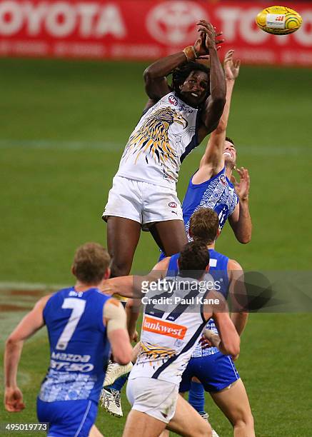 Nic Naitanui of the Eagles spills a mark during the round 11 AFL match between the West Coast Eagles and the North Melbourne Kangaroos at Patersons...