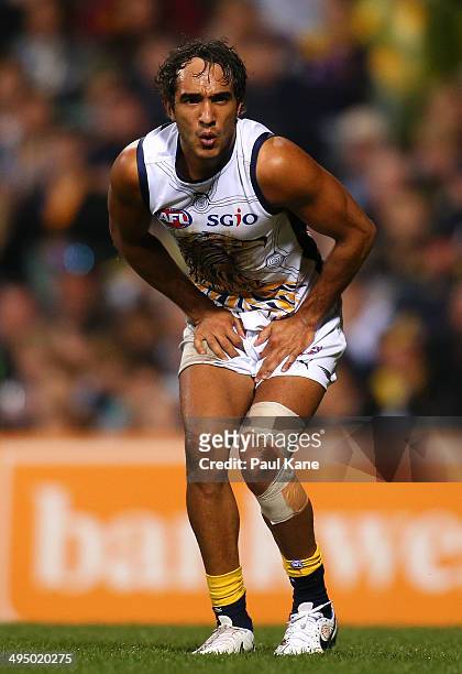 Jamie Bennell of the Eagles looks on in pain after a heavy tackle during the round 11 AFL match between the West Coast Eagles and the North Melbourne...