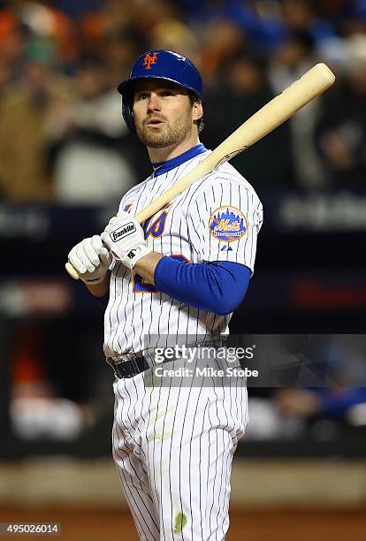 Daniel Murphy of the New York Mets looks on against the Kansas City Royals during Game Three of the 2015 World Series at Citi Field on October 30,...