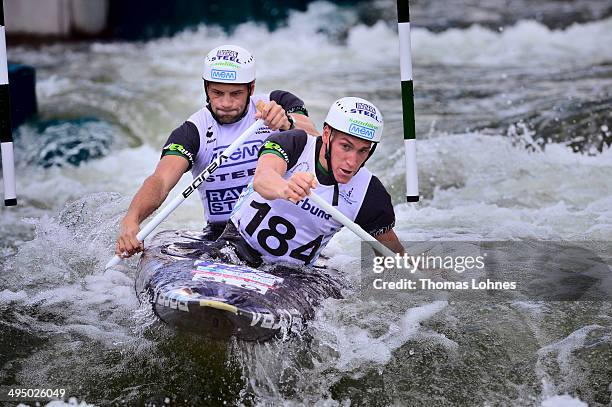 Bronze medalist Luka Bozic and Saso Taljat of Slovenia complete the final heat at the Canoe Double Men during the European Canoe Slalom Championships...