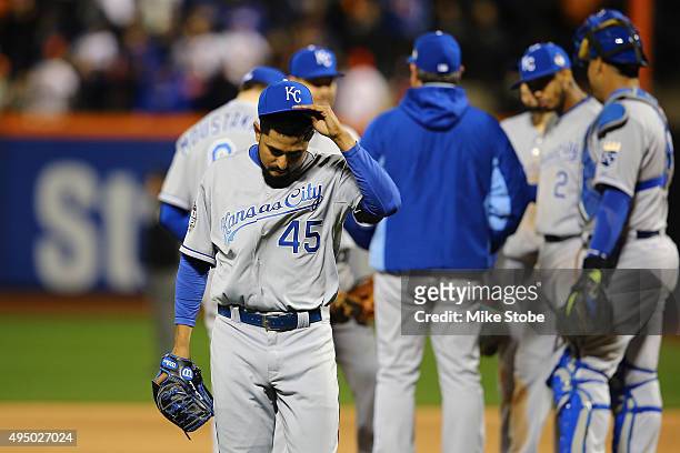 Franklin Morales of the Kansas City Royals is pulled out of the game against the New York Mets during Game Three of the 2015 World Series at Citi...