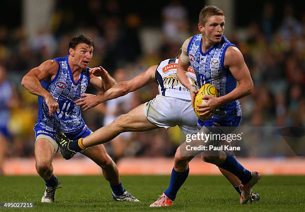 Jack Ziebell of the Kangaroos looks to pass the ball as Scott Selwood of the Eagles tackles Brent Harvey of the Kangaroos during the round 11 AFL...