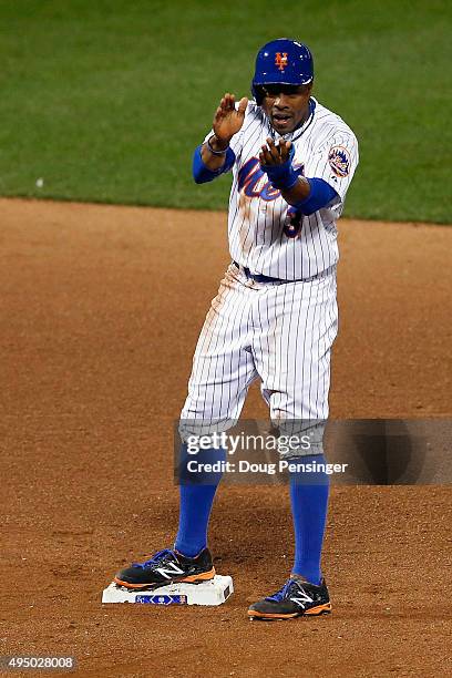 Curtis Granderson of the New York Mets reacts against the Kansas City Royals during Game Three of the 2015 World Series at Citi Field on October 30,...