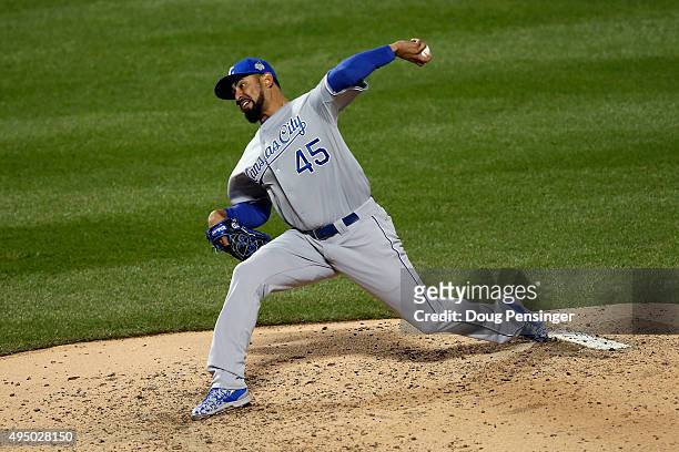 Franklin Morales of the Kansas City Royals pitches against New York Mets during Game Three of the 2015 World Series at Citi Field on October 30, 2015...
