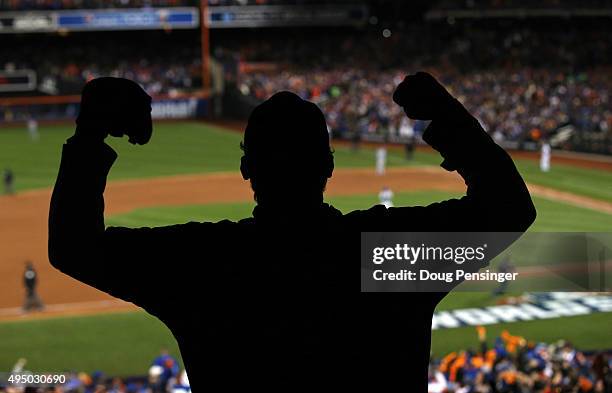 Fan cheers as David Wright of the New York Mets rounds the bases after hitting a two run home run in the first inning against the Kansas City Royals...