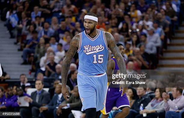 DeMarcus Cousins of the Sacramento Kings reacts after teammates Rajon Rondo made a three-point basket against the Los Angeles Lakers at Sleep Train...