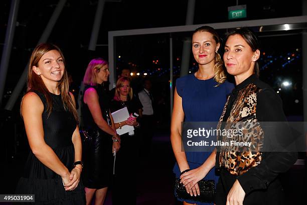 Simona Halep, Kristina Mladenovic and Flavia Pennetta attend Singapore Tennis Evening during BNP Paribas WTA Finals at Marina Bay Sands on October...