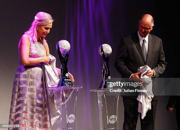 President Micky Lawler and CEO of the WTA Steve Simon unveil new trophies at Singapore Tennis Evening during BNP Paribas WTA Finals at Marina Bay...