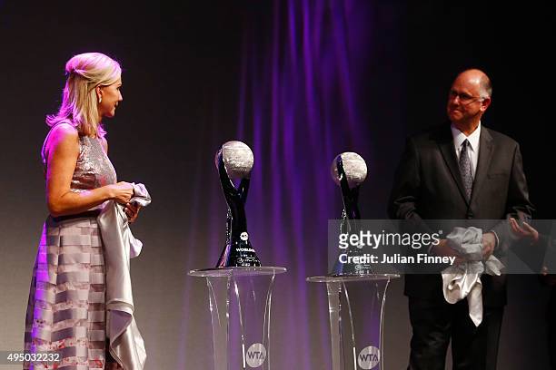 President Micky Lawler and CEO of the WTA Steve Simon unveil new trophies at Singapore Tennis Evening during BNP Paribas WTA Finals at Marina Bay...