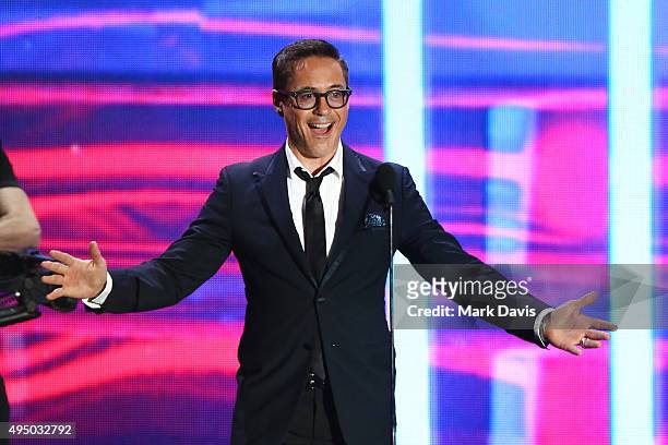 Actor Robert Downey Jr. Speaks onstage during the 2015 Jaguar Land Rover British Academy Britannia Awards presented by American Airlines at The...