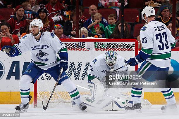 Goaltender Richard Bachman of the Vancouver Canucks makes a save on a shot from the Arizona Coyotes during the second period of the NHL game at Gila...