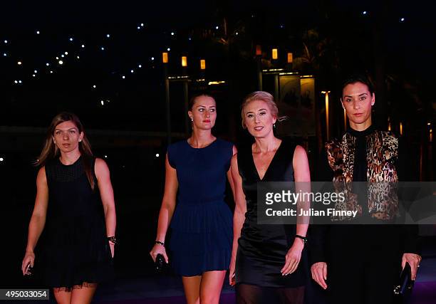 Simona Halep, Kristina Mladenovic, Vice President APAC/WTA Finals Tournament Director Melissa Pine and Flavia Pennetta attend Singapore Tennis...