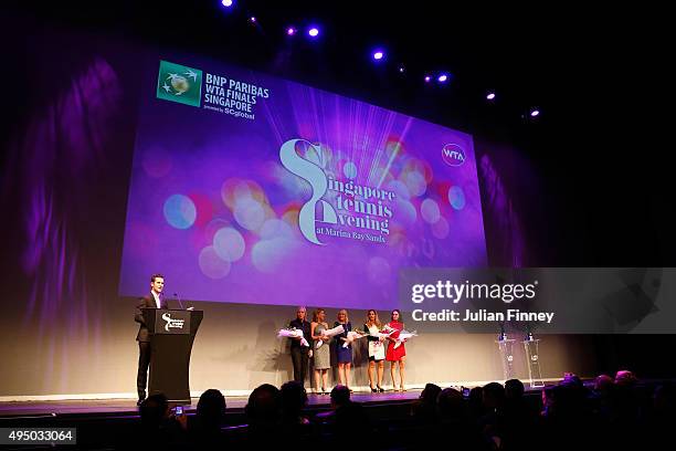 Martina Navratilova, Chris Evert, Tracy Austin, Arantxa Sanchez-Vicario and Martina Hingis on stage Singapore Tennis Evening during BNP Paribas WTA...