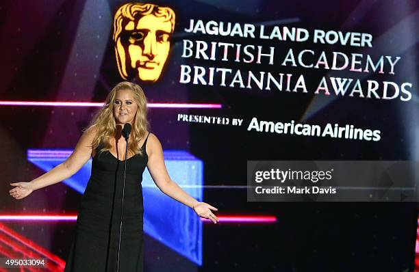 Honoree Amy Schumer accepts the Charlie Chaplin Britannia Award for Excellence in Comedy onstage during the 2015 Jaguar Land Rover British Academy...